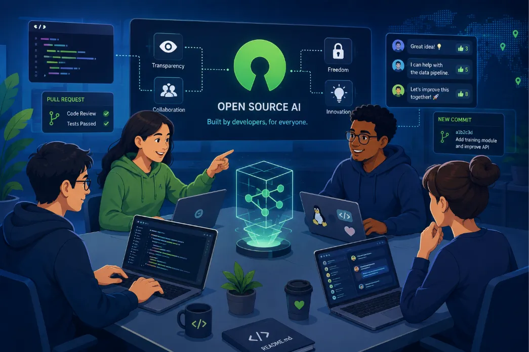 Four developers around a table with laptops open, a pull request and a new commit shown on the screens behind them, under an open-source mark and the line “built by developers, for everyone”.