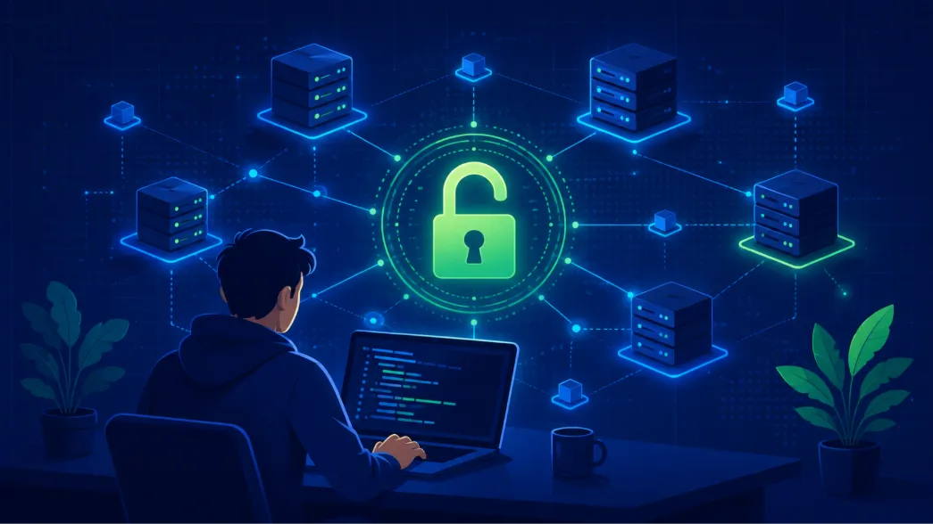 A developer working at a laptop in front of a network of servers they run themselves, with an open padlock at the centre of the network.