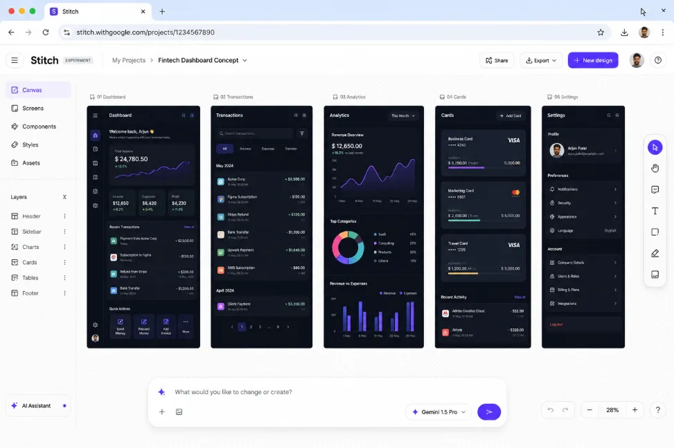 The Stitch canvas: five connected dark-theme screens of a fintech concept — dashboard, transactions, analytics, cards and settings — laid out left to right, with a layers panel down one side, a tool rail down the other, and a prompt bar across the foot asking what you would like to change or create.