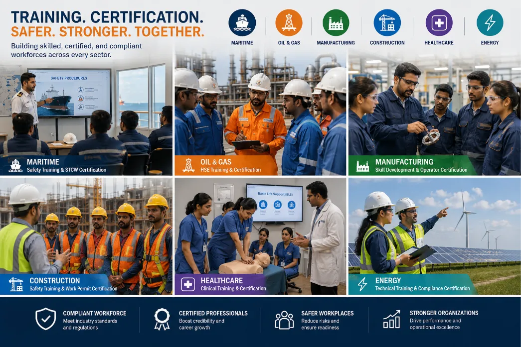 Six training and assessment scenes under sector labels — maritime, oil and gas, manufacturing, construction, healthcare and energy — above a strip reading compliant workforce, certified professionals, safer workplaces, stronger organizations.