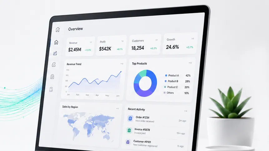 A laptop showing a business dashboard: four summary tiles, a revenue trend line,
                 a ring chart of product share, a regional map and a recent activity list.