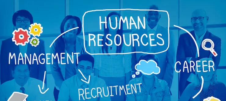 Human resources concept illustration — a team at a meeting table behind hand-drawn
                   labels for management, recruitment and career.