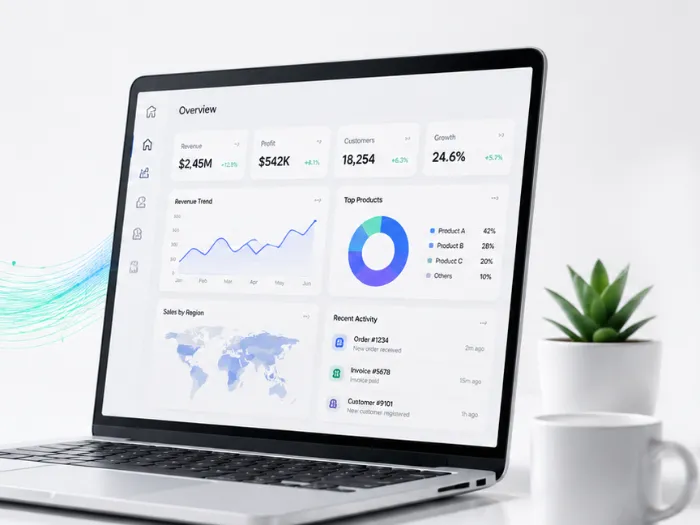 A dashboard open on a laptop on a desk, showing headline figures, a trend line, a breakdown by product, a map and a recent-activity feed.