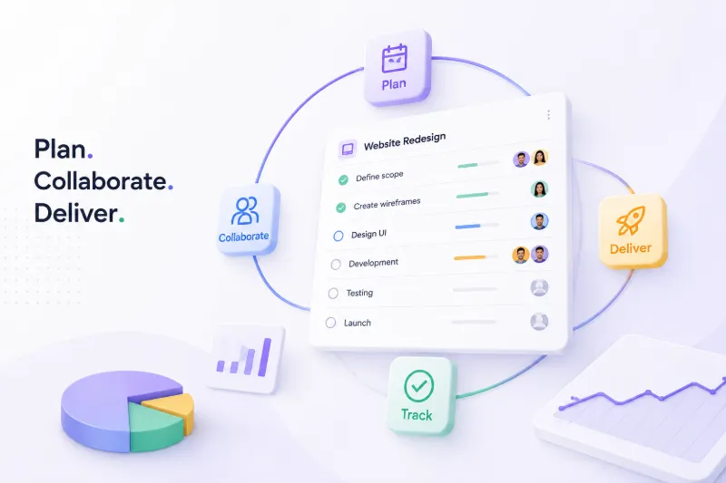 Plan, Collaborate, Track and Deliver set around a task list for a website redesign, each task showing its progress and who owns it.