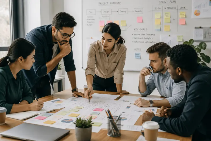 Five colleagues around a table working over printed plans, with a project roadmap and a to-do, in-progress and done sprint board in sticky notes on the whiteboard behind them.
