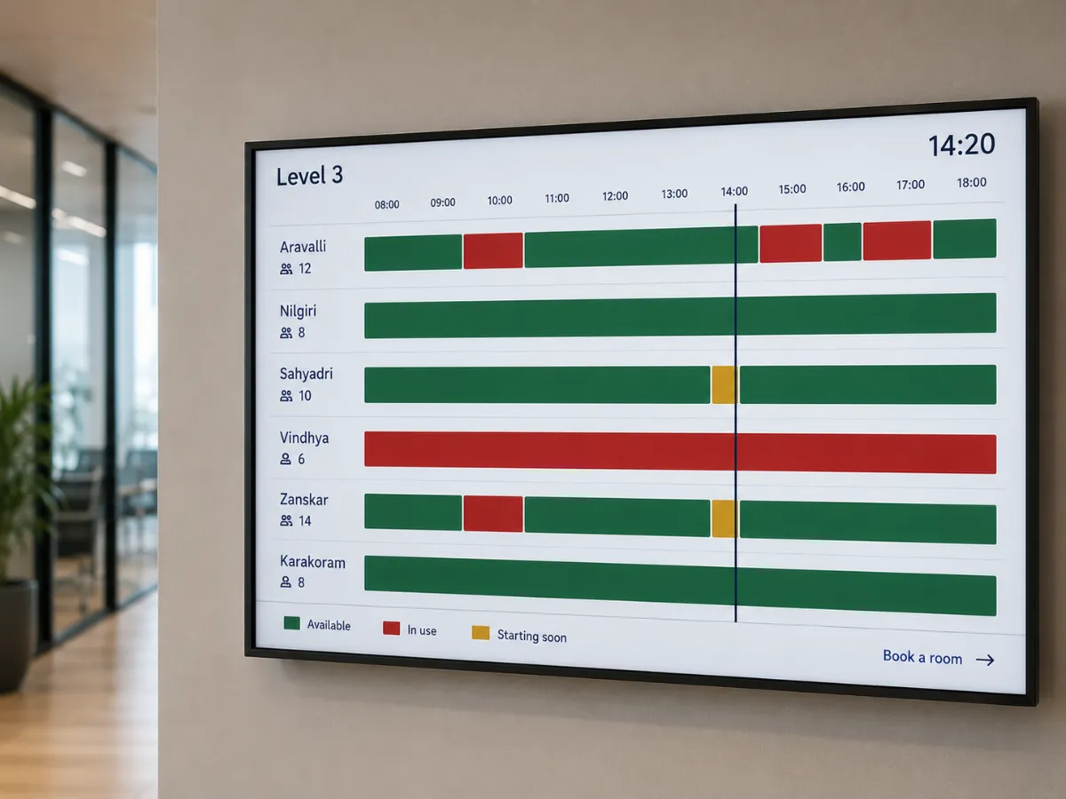 A wall-mounted overview board on an office corridor wall, headed Level 3 with the time 14:20. Six rooms are listed with their capacities — Aravalli 12, Nilgiri 8, Sahyadri 10, Vindhya 6, Zanskar 14, Karakoram 8 — each with a timeline from 08:00 to 18:00 showing green where the room is free, red where it is in use and amber where a booking starts shortly. A vertical line marks the current time.