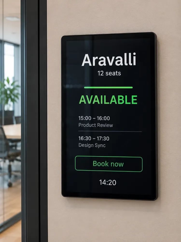 A door-mounted panel on the wall beside a glass meeting-room door, reading Aravalli, 12 seats, AVAILABLE in green. Below it the next two bookings — Product Review 15:00 to 16:00 and Design Sync 16:30 to 17:30 — a Book now button, and the time 14:20. The meeting room table and chairs are visible through the glass.