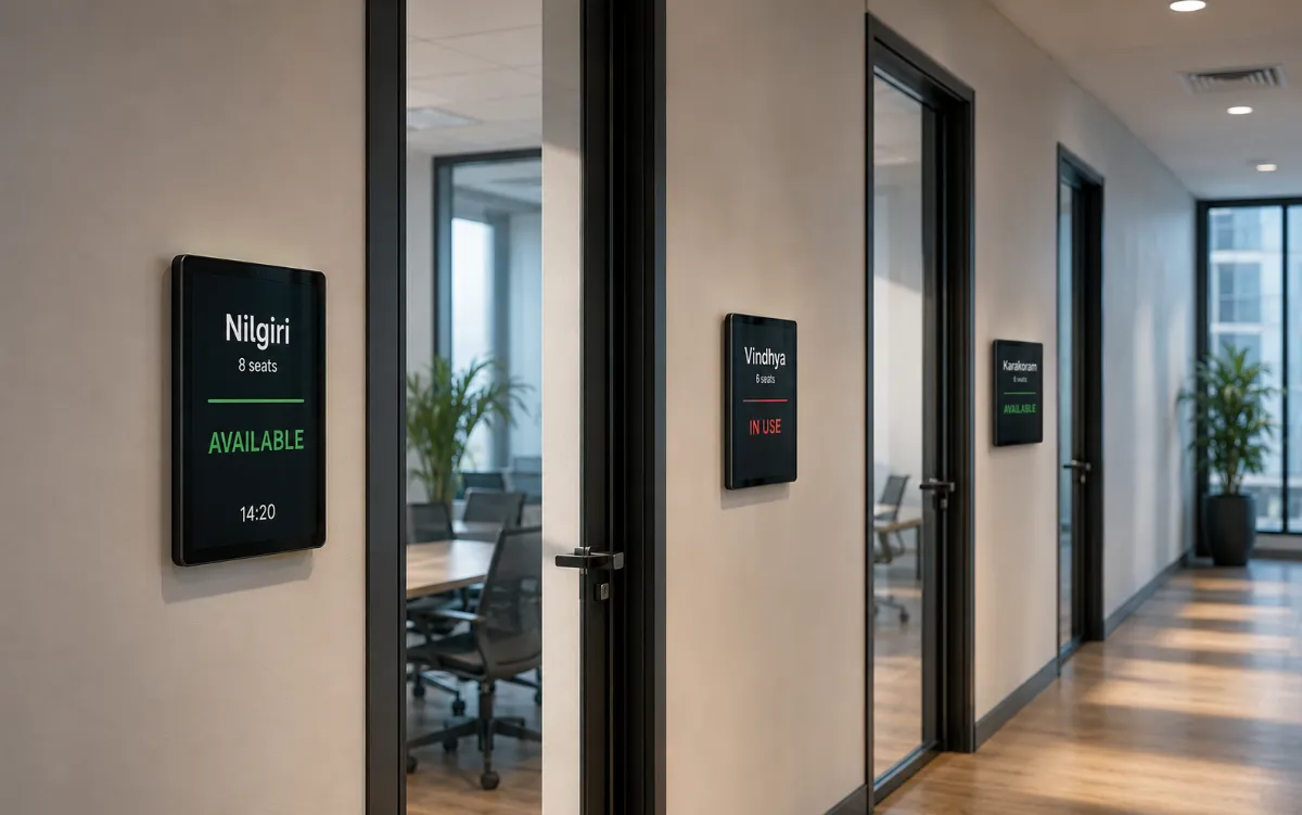 An office corridor with three meeting rooms along one side, each with its own door panel. Nearest is Nilgiri, eight seats, reading AVAILABLE in green with the time 14:20; beyond it Vindhya, six seats, reading IN USE in red; furthest Karakoram, eight seats, AVAILABLE. Daylight from a window at the far end falls across an oak floor.