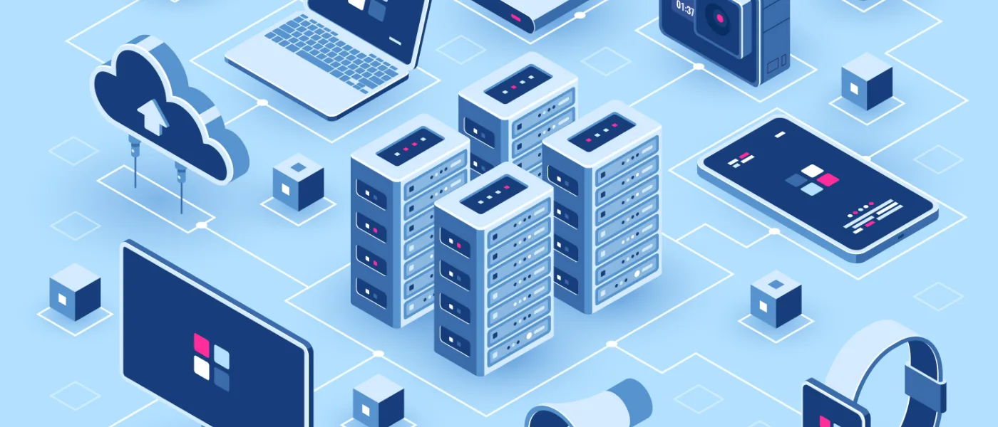 Server racks connected across one network to a cloud, a laptop, tablets and handheld devices, drawn in isometric projection.