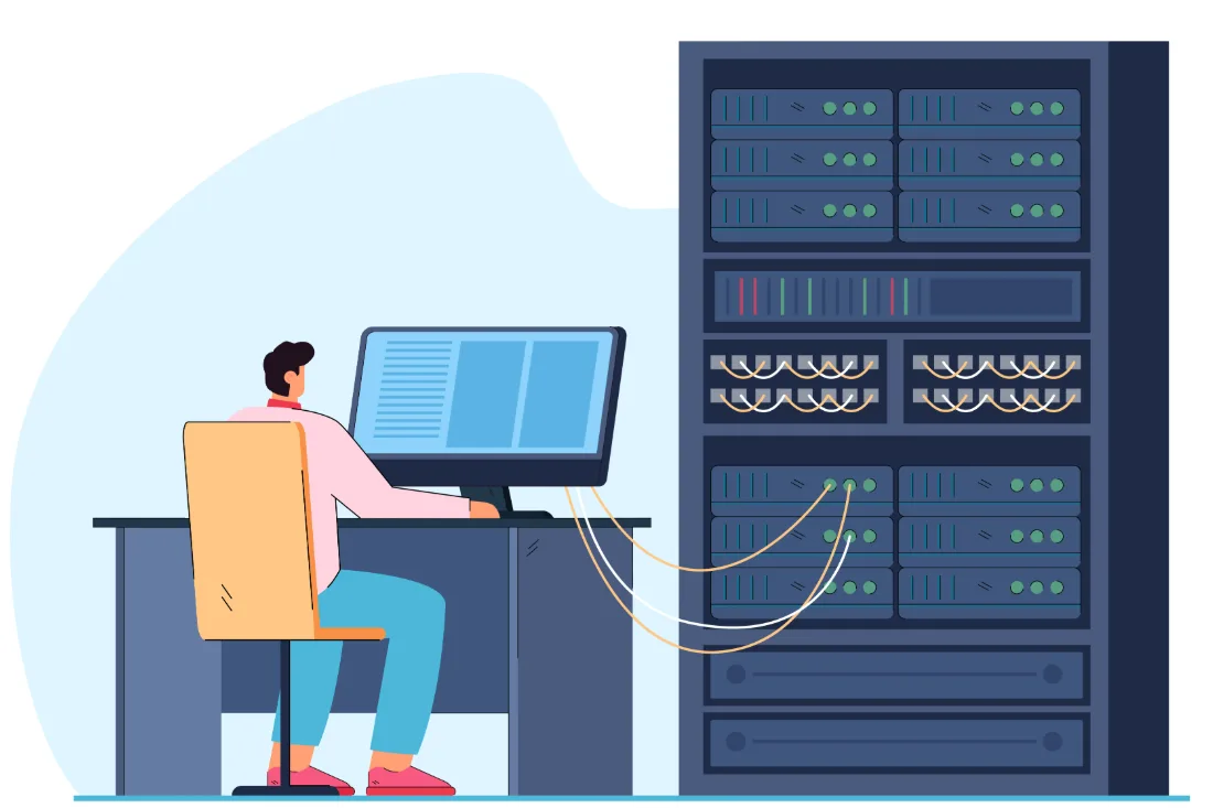 An engineer at a desk console working beside a floor-standing server rack, drawn as a flat illustration.