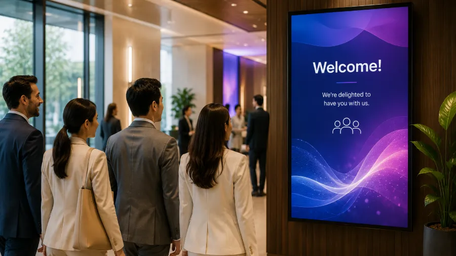 Four visitors walking through an office lobby past a wall-mounted portrait display reading Welcome! We're delighted to have you with us.