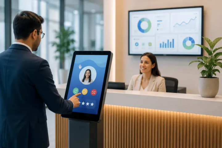A visitor in a suit reaching for a rating on a feedback kiosk in a reception area, with a receptionist and a wall-mounted dashboard behind.